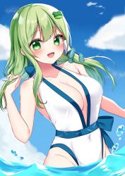 Rule 34 | 1girl, absurdres, adapted costume, blush, breasts, cleavage, collarbone, commission, covered navel, cowboy shot, day, frog hair ornament, green eyes, green hair, groin, hair between eyes, hair ornament, highres, kochiya sanae, large breasts, long hair, open mouth, shinonome asu, skeb commission, smile, snake hair ornament, solo, split mouth, touhou, water