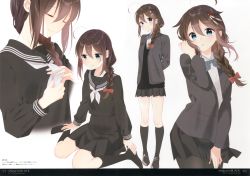 Rule 34 | 1girl, absurdres, ahoge, black pantyhose, blazer, blue eyes, blush, bow, braid, brown hair, buttons, character name, closed eyes, full body, hair ornament, hair over shoulder, highres, huge filesize, jacket, kantai collection, long hair, long sleeves, multiple views, naoto (tulip), page number, pantyhose, parted lips, red bow, scan, school uniform, shigure (kancolle), shirt, shoes, simple background, single braid, sitting, skirt, smile, socks, white background, white shirt