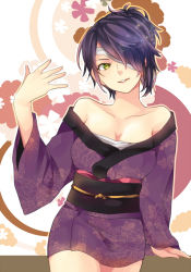 Rule 34 | 10s, 1girl, alternate costume, alternate hairstyle, arm support, bare shoulders, breasts, cleavage, collarbone, eyepatch, female focus, floral background, hair over one eye, head tilt, japanese clothes, kantai collection, kimono, kuromame, legs, looking at viewer, neck, obi, off shoulder, parted lips, purple hair, sarashi, sash, short hair, short kimono, smile, solo, tenryuu (kancolle), wide sleeves, yellow eyes