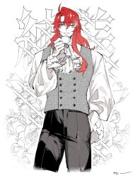 Rule 34 | 1boy, argenti (honkai: star rail), ascot, buttons, closed mouth, cup, double-breasted, floral background, frilled sleeves, frills, hand up, highres, holding, holding cup, honkai: star rail, honkai (series), long hair, long sleeves, male focus, one eye closed, pants, parted bangs, partially colored, red hair, sidelocks, sorako (yoshida t), sparkling aura, teacup, vest