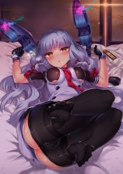 Rule 34 | 10s, 1girl, blunt bangs, blush, breasts, cameltoe, chestnut mouth, clothes pull, crotch seam, dress, eyebrows, feet, gloves, hair ornament, hair ribbon, headgear, heavy breathing, holding, holding clothes, holding jacket, jacket, kantai collection, kuon michiyoshi, long hair, lying, murakumo (kancolle), murakumo kai ni (kancolle), necktie, nipples, no shoes, on back, on bed, pantyhose, pantyhose pull, pussy juice, ribbon, sailor dress, skin tight, solo, solo focus, suggestive fluid, sweat, thighband pantyhose, toes, tress ribbon, white hair, yellow eyes