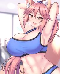 Rule 34 | 1girl, abs, absurdres, alternate hairstyle, animal ear fluff, animal ears, armpits, arms behind head, arms up, bouncing breasts, breasts, cleavage, fang, fate/extella, fate/extra, fate/grand order, fate (series), fox ears, fox girl, fox tail, groin, highres, jifuwabe, large breasts, long hair, looking at viewer, navel, pink hair, ponytail, skin fang, solo, sports bra, steam, sweat, tail, tamamo (fate), tamamo no mae (fate/extra), yellow eyes