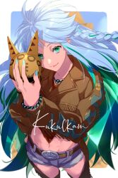 Rule 34 | 1girl, belt, belt buckle, blue hair, blue shorts, blush, breasts, buckle, character name, colored inner hair, commentary request, echo (circa), fate/grand order, fate (series), fringe trim, green eyes, green hair, jewelry, kukulkan (fate), kukulkan (first ascension) (fate), large breasts, light blue hair, long hair, long sleeves, looking at viewer, mask, multicolored hair, navel, necklace, open mouth, short shorts, shorts, smile, solo, thighhighs, thighs