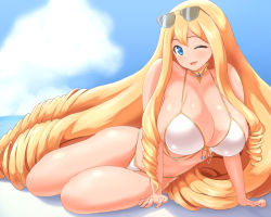 Rule 34 | 1girl, bikini, blonde hair, blue eyes, blush, breasts, charlotte (last origin), cleavage, cloud, day, drill hair, eyewear on head, huge breasts, jewelry, last origin, long hair, necklace, one eye closed, open mouth, outdoors, side drill, sky, smile, solo, sunglasses, swimsuit, todoshiroh, very long hair