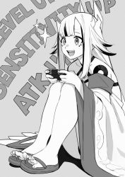 Rule 34 | 1girl, :d, bare shoulders, barefoot, blunt bangs, character request, controller, detached sleeves, fang, feet, game controller, greyscale, highres, holding, kuusetsu, long hair, long sleeves, looking ahead, mato seihei no slave, monochrome, open mouth, sandals, sidelocks, sitting, smile, solo, songchuan li, sparkle, teeth, toes, wide sleeves