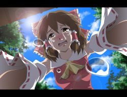 Rule 34 | 1girl, blush, bow, brown eyes, brown hair, cloud, commentary, crying, crying with eyes open, day, detached sleeves, female focus, from below, hair bow, hakurei reimu, japanese clothes, lens flare, letterboxed, miko, pov, runny nose, shimouki izui, sky, snot, solo, sun, tears, touhou, wavy mouth