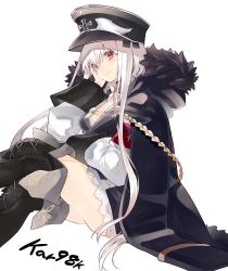 Rule 34 | 1girl, absurdres, armband, black dress, black footwear, black hat, black jacket, black thighhighs, blush, boots, breasts, character name, cleavage, closed mouth, collared dress, commentary request, cross, crossed legs, dress, fur-trimmed hood, fur trim, girls&#039; frontline, grey hair, hair between eyes, hand up, hat, highres, hood, hood down, hooded jacket, iron cross, jacket, jacket on shoulders, kar98k (girls&#039; frontline), kou mashiro, long hair, long sleeves, medium breasts, military hat, peaked cap, red eyes, simple background, sitting, smile, solo, thigh boots, thighhighs, very long hair, white background, white jacket