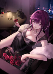 Rule 34 | 1girl, alcohol, alternate costume, black dress, breasts, building, city, city lights, cleavage, collarbone, cup, dress, drinking glass, flower, formal, hair between eyes, highres, holding, honkai: star rail, honkai (series), jewelry, kafka (honkai: star rail), large breasts, long hair, looking at viewer, necklace, pearl necklace, pora 0918, purple eyes, purple hair, red flower, red rose, rose, scenery, smile, solo, window, wine, wine glass