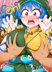 Rule 34 | 1boy, 1girl, ^^^, anger vein, apron, blue hair, blush, grabbing another&#039;s breast, breasts, bwell, commentary request, covered erect nipples, dress, grabbing, green apron, green headwear, groping, haniyasushin keiki, head scarf, hetero, highres, jewelry, large breasts, long hair, looking at viewer, magatama, magatama necklace, motion lines, necklace, nose blush, open mouth, pink background, pov, pov hands, red eyes, solo focus, surprised, tongue, tools, touhou, upper body, uvula, yellow dress
