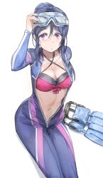 Rule 34 | 10s, 1girl, absurdres, bikini, bikini top only, blue hair, bodysuit, criss-cross halter, diving mask, diving mask on head, diving suit, flippers, free style (yohan1754), goggles, goggles on head, halterneck, hand on goggles, highres, looking at viewer, love live!, love live! school idol festival, love live! sunshine!!, matsuura kanan, navel, open bodysuit, open clothes, ponytail, purple eyes, simple background, sitting, solo, swimsuit, unzipped, wetsuit, white background