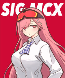 Rule 34 | 1girl, breasts, caraku, character name, checkered necktie, commentary, earrings, english commentary, eyewear on head, girls&#039; frontline, goggles, goggles on head, hair ornament, hairclip, heart, heart earrings, jewelry, large breasts, long hair, long sleeves, looking at viewer, mole, mole under eye, necktie, open mouth, parted lips, pink hair, red background, red eyes, shirt, sig mcx (girls&#039; frontline), simple background, solo, white shirt