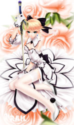 Rule 34 | 1girl, ahoge, artoria pendragon (all), artoria pendragon (fate), bare shoulders, blonde hair, bow, caliburn (fate), capcom, detached sleeves, dress, fate/stay night, fate/unlimited codes, fate (series), flower, garter straps, gauntlets, gloves, green eyes, hair bow, high heels, pantyhose, pink flower, pink rose, ponytail, rail (silverbow), rose, saber (fate), saber lily, shoes, solo, sword, thighhighs, weapon, white gloves, white thighhighs