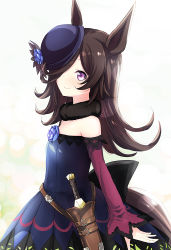 Rule 34 | 1girl, abe kanari, animal ears, bare shoulders, blue dress, blue flower, blue hat, blue rose, blush, brown hair, closed mouth, commentary request, dagger, dress, flower, hair over one eye, hat, hat flower, highres, horse ears, horse girl, horse tail, knife, long hair, long sleeves, looking at viewer, off-shoulder dress, off shoulder, purple eyes, rice shower (umamusume), rose, sleeves past wrists, smile, solo, tail, tilted headwear, umamusume, very long hair, weapon