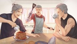 Rule 34 | 3boys, anger vein, apron, artist name, breakfast, commentary, cup, curtains, dante (devil may cry), devil may cry (series), devil may cry 5, drinking, facial hair, father and son, food, fruit, highres, honey, male focus, mug, multiple boys, nero (devil may cry), newspaper, nikkipettt, orange (fruit), pancake, profanity, prosthesis, prosthetic arm, short ponytail, siblings, spatula, spoilers, stubble, vergil (devil may cry), watermark