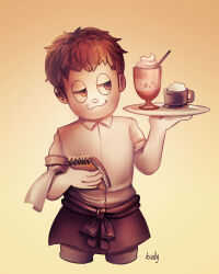Rule 34 | 1boy, :3, alternate costume, animal-themed food, artist name, bare arms, black eyes, black jacket, brown hair, closed mouth, clothes around waist, coffee, collared shirt, commentary, cropped legs, cup, danganronpa (series), danganronpa v3: killing harmony, ear piercing, english commentary, food, glass, gradient background, grey pants, half-closed eyes, handkerchief, highres, holding, holding notepad, holding plate, hoshi ryoma, ice cream, jacket, jacket around waist, loiodg, looking to the side, male focus, mug, notepad, pants, piercing, plate, shirt, short hair, short sleeves, simple background, smile, solo, sundae, waiter, white shirt, yellow background