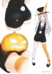 Rule 34 | 10s, 1girl, 2016, ama mitsuki, animal ears, arms behind back, ass, asymmetrical legwear, black footwear, blue eyes, blush, commentary, dated, fake animal ears, full body, gluteal fold, hair between eyes, halloween, hat, hat ribbon, jack-o&#039;-lantern, jewelry, kantai collection, long hair, lying, mary janes, mismatched legwear, multiple views, necklace, object on ass, on stomach, open mouth, orange panties, orange thighhighs, panties, pantyshot, pocket watch, puffy short sleeves, puffy sleeves, pumpkin, rabbit ears, rabbit tail, revision, ribbon, shoes, short sleeves, shorts, signature, silver hair, simple background, standing, strappy heels, tail, thighhighs, top hat, translated, u-511 (kancolle), underwear, upshorts, watch, white background, white thighhighs