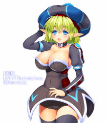 Rule 34 | 1girl, :d, asamura hiori, black thighhighs, blonde hair, blue eyes, breasts, character request, choker, cleavage, detached sleeves, fang, fonewearl, hat, highres, large breasts, long pointy ears, long sleeves, looking at viewer, open mouth, phantasy star, phantasy star online, phantasy star online font, pointy ears, puffy sleeves, smile, solo, thighhighs, white background, zettai ryouiki