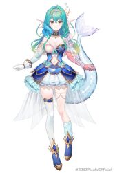 Rule 34 | 1girl, animal ears, atlanteia sireen, blue collar, blue dress, blue footwear, blue hair, breasts, bubble, cleavage, clothing cutout, clownfish, collar, collarbone, copyright notice, detached collar, detached sleeves, dress, fish, frilled dress, frills, full body, gem, gloves, gold trim, gradient hair, green hair, layered dress, long hair, medium breasts, mermaid, monster girl, multicolored hair, navel, navel cutout, official art, pearl (gemstone), pixela project, riichu, single glove, single thighhigh, socks, solo, thighhighs, virtual youtuber, white gloves, white thighhighs, yellow eyes