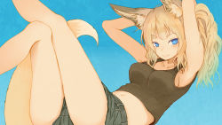 Rule 34 | 1girl, animal ears, armpits, arms up, batta (kanzume quality), blonde hair, blue background, blue eyes, breasts, fox ears, fox tail, long hair, looking at viewer, medium breasts, midriff, navel, original, shorts, simple background, smile, solo, tail