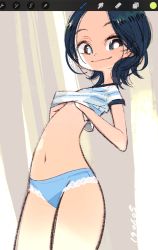 Rule 34 | 1girl, amiami, black hair, blue panties, clothes lift, dated, female focus, highres, looking at viewer, midriff, navel, original, panties, photo-referenced, shirt lift, smile, solo, underwear, user interface