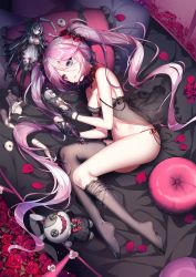 Rule 34 | 1girl, 6 yin, babydoll, bed sheet, black babydoll, black gloves, black hair, black ribbon, black thighhighs, blue eyes, blush, bow, bowtie, breasts, character doll, choker, cleavage, collarbone, commentary, cushion, doll, dutch angle, flower, formal, frilled pillow, frilled thighhighs, frills, from above, garter straps, gloves, hair between eyes, hair ornament, hair scrunchie, heterochromia, high heels, highres, holding, holding doll, indoors, iron saga, leaf, light smile, lingerie, long hair, looking at viewer, looking up, lying, matilda (iron saga), medium breasts, midriff, navel, neck bell, negligee, no shoes, official art, on bed, on side, panties, parted lips, petals, pillow, pink eyes, pink hair, ribbon, rose, scrunchie, side-tie panties, sidelocks, silver hair, slokai (iron saga), solo, spaghetti strap, strap slip, stuffed animal, stuffed rabbit, stuffed toy, suit, thighhighs, thighhighs pull, thighs, twintails, underwear, very long hair, vesper (iron saga)