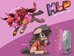Rule 34 | 2girls, :q, borrowed character, crossover, cutie mark, demon tail, drooling, freckles, glasses, jacket, licking lips, long hair, maou beluzel, messy hair, multiple girls, my little pony, my little pony: friendship is magic, note-takahashi, original, pony (animal), red-framed eyewear, red eyes, red hair, semi-rimless eyewear, skull, tail, takahashi note, television, tongue, tongue out, track jacket, translation request, yonezawa natsumi, yuusha to maou
