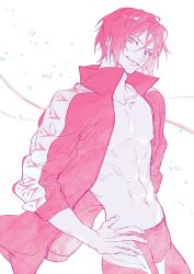Rule 34 | 1boy, abs, artist request, cowboy shot, crossed bangs, free!, grin, hair between eyes, hand on own hip, highres, jacket, jammers, looking at viewer, male focus, male swimwear, matsuoka rin, monochrome, no shirt, open clothes, open jacket, parted bangs, pink theme, popped collar, red theme, sei ( mo1008), sharp teeth, short hair, sleeves rolled up, smile, solo, teeth, toned, toned male, white background