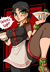Rule 34 | 1girl, apron, arms (game), bandana, black background, blonde hair, bowl, bracelet, chinese clothes, food, green eyes, hands up, highres, jewelry, leg up, leggings, min min (arms), nintendo, noodles, official alternate costume, ramen, raranuki, red background, solo, two-tone background