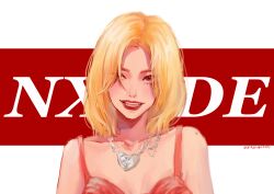 Rule 34 | 1girl, absurdres, artist name, blonde hair, brown eyes, collarbone, dress, g-i-dle, highres, hua sousi, jewelry, k-pop, looking at viewer, medium hair, mole, mole on shoulder, necklace, nxde (g-i-dle), open mouth, parted hair, pink dress, portrait, real life, solo, song name, soyeon