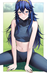 Rule 34 | 1girl, ameno (a meno0), bare shoulders, blue eyes, blue hair, blush, breasts, crop top, family crest, fire emblem, fire emblem awakening, hands on ground, lips, long hair, lucina (fire emblem), midriff, navel, nintendo, on grass, pants, sitting, small breasts, solo, spread legs, tiara, yoga pants