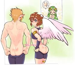 Rule 34 | 1girl, 2boys, angel wings, ass, bubble, butt crack, earrings, embarrassed, closed eyes, green eyes, jewelry, kid icarus, multiple boys, nintendo, palutena, pit (kid icarus), pulling own clothes, soft sizzle, sparkle, wings