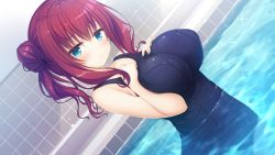 Rule 34 | 1girl, aino miori, aqua eyes, breast suppress, breasts, dutch angle, game cg, highres, jitome, large breasts, long hair, mikagami mamizu, official art, pieces / wataridori no somnium, pool, red hair, school swimsuit, solo, swimsuit, twintails, wading, water