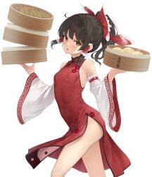 Rule 34 | 1girl, ass, brown hair, china dress, chinese clothes, detached sleeves, dress, dumpling, floral print, food, from side, hakurei reimu, highres, holding, holding tray, kanpa (campagne 9), looking at viewer, red dress, solo, thighs, touhou, tray, white background