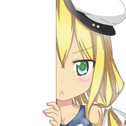 Rule 34 | &gt;:&lt;, 10s, 1girl, :&lt;, blonde hair, closed mouth, green eyes, hair ribbon, hat, i-8 (kancolle), kantai collection, looking at viewer, nagineko, no eyewear, peeking out, ribbon, school swimsuit, solo, swimsuit, tears, transparent background, v-shaped eyebrows