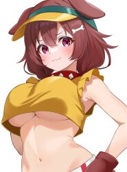 Rule 34 | 1girl, animal ears, animal hands, blush, bone hair ornament, breasts, brown hair, closed mouth, collar, commentary, cropped shirt, dog ears, doggy god&#039;s street, fawny, frilled shirt, frills, gloves, hair ornament, highres, hololive, inugami korone, large breasts, looking at viewer, navel, paw gloves, purple eyes, red collar, shirt, simple background, sleeveless, sleeveless shirt, smile, solo, underboob, upper body, virtual youtuber, visor cap, white background, yellow shirt