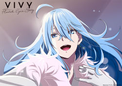 Rule 34 | 1girl, ahoge, android, artist request, blue eyes, blue hair, earrings, floating hair, fur, fur collar, hair between eyes, hair ornament, hairclip, hand on own chest, jewelry, long hair, open mouth, smile, solo, upper body, vivy, vivy: fluorite eye&#039;s song, wit studio