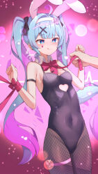 1girl :q ahoge animal_ears black_leotard blue_eyes blue_hair bow breasts clothing_cutout commentary cowboy_shot detached_collar fake_animal_ears fang fang_out fishnet_pantyhose fishnets hairband hatsune_miku heart heart_ahoge heart_cutout highres holding holding_leash leash leotard looking_ahead multicolored_hair necktie pantyhose pink_background pink_bow pink_hair pink_necktie pink_pupils playboy_bunny rabbit_ears rabbit_hole_(vocaloid) simple_background skin_fang smile solo_focus soyose spaghetti_strap symbol-only_commentary tongue tongue_out two-tone_hair vocaloid white_hairband