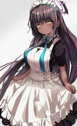 Rule 34 | 1girl, apron, black hair, blue archive, blue bow, blue bowtie, blush, bow, bowtie, closed mouth, dark-skinned female, dark skin, gradient background, grey background, halo, highres, karin (blue archive), long hair, looking at viewer, maid, maid apron, maid headdress, metsu end, short sleeves, solo, yellow eyes