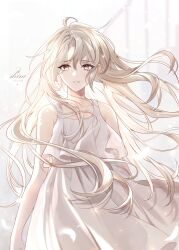 Rule 34 | 1girl, absurdres, artist name, bare shoulders, blonde hair, brown eyes, dress, feathers, hair between eyes, highres, korean commentary, long hair, looking at viewer, omniscient reader&#039;s viewpoint, parted lips, shin yoosung, shine s247, sleeveless, solo, white background, white dress