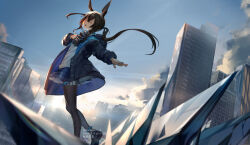 Rule 34 | 1girl, amiya (arknights), animal ears, anklet, arknights, ascot, black footwear, black jacket, black pantyhose, blue ascot, blue skirt, blue sky, brown hair, building, city, cityscape, closed eyes, cloud, cloudy sky, floating hair, hand on own chest, highres, jacket, jewelry, long hair, long sleeves, miyanami 3, multiple rings, open clothes, open jacket, open mouth, originium (arknights), outdoors, pantyhose, plaid, plaid skirt, pleated skirt, ponytail, rabbit ears, rabbit girl, ring, scenery, shirt, sidelocks, skirt, sky, skyscraper, solo, standing, sunset, thighlet, white shirt