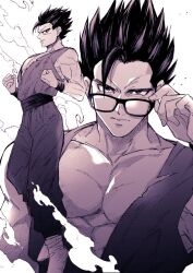 Rule 34 | 1boy, adjusting eyewear, black eyes, character request, closed mouth, collarbone, dragon ball, glasses, hair up, male focus, monochrome, moza00, multiple views, muscular, muscular male, pectoral cleavage, pectorals, purple theme, robe, short hair, sleeveless, smoke, white background