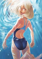 Rule 34 | 1girl, ass, bad id, bad pixiv id, barefoot, blonde hair, blue eyes, competition swimsuit, feet, from behind, highres, lips, looking back, one-piece swimsuit, original, short hair, smile, soles, solo, speedo (company), swimming, swimsuit, thigh gap, toes, underwater, yomu (sgt epper)