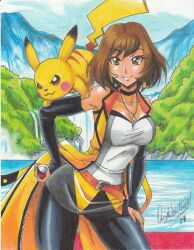 Rule 34 | 1girl, 2019, absurdres, alyssa (pokemon), bare shoulders, belt, belt buckle, black choker, black pants, breasts, brown hair, buckle, choker, cleavage, closed mouth, collarbone, creatures (company), forest, game freak, gen 1 pokemon, green eyes, highres, holding, holding poke ball, jewelry, large breasts, leggings, long sleeves, medium breasts, miniskirt, mountainous horizon, nature, necklace, nintendo, open clothes, open vest, outdoors, pants, pendant, pikachu, poke ball, pokemon, pokemon (creature), pokken tournament, ravernclouk design, shirt, skirt, sleeveless, sleeveless shirt, smile, strapless, tail, traditional media, unzipped, vest, water, waterfall, yellow vest