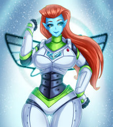 Rule 34 | 1girl, artist name, bad anatomy, blue eyes, blue lips, blue skin, breasts, buzz lightyear of star command, clenched hand, colored skin, fenrox, gluteal fold, hand on own hip, highres, long hand, medium breasts, mira nova, pointy ears, red hair, simple background, solo, spacesuit, standing, thigh gap