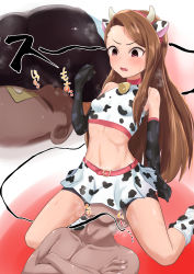 Rule 34 | 1boy, 1girl, absurdres, animal ears, animal print, bike shorts, blush, brown hair, cow ears, cow horns, cow print, daba (wandaba), elbow gloves, faceless, faceless male, fake horns, fake tail, fang, gloves, highres, horns, idolmaster, idolmaster (classic), long hair, minase iori, open mouth, red eyes, sitting, sitting on face, sitting on person, skirt, smell, smelling, smelling sweaty pussy, steam, sweat, tail
