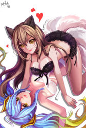 Rule 34 | 2girls, :d, ahri (league of legends), all fours, animal ears, arm support, arm up, bare legs, bare shoulders, black bra, black panties, blue hair, bra, breasts, brown hair, choker, cleavage, collarbone, downblouse, facial mark, fang, female focus, fox ears, fox tail, girl on top, hanging breasts, heart, large breasts, league of legends, legs, lips, lipstick, long hair, looking at viewer, lying, makeup, midriff, multicolored hair, multiple girls, multiple tails, naughty face, on back, open mouth, panties, parted lips, simple background, sinbe, smile, sona (league of legends), straddling, strapless, strapless bra, tail, twintails, two-tone hair, underwear, whisker markings, white background, white bra, white panties, yellow eyes, yuri