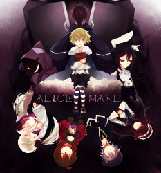 Rule 34 | 3girls, 6+boys, alicemare, allen llewellyn, black hair, black sclera, blonde hair, book, brown hair, cat boy, chelsy reevis, cheshire cat (alicemare), colored sclera, copyright name, full body, highres, holding, holding book, joshua bartlett, letty amery, multicolored hair, multiple boys, multiple girls, ponita, purple hair, rabbit boy, red eyes, red hair, rick amery, sensei (alicemare), stella northrop, white rabbit (alicemare)