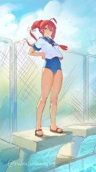 Rule 34 | 1girl, ahoge, bare legs, bird, blue one-piece swimsuit, blue sailor collar, blue sky, closed mouth, cloud, cloudy sky, commentary request, day, fence, full body, hair ornament, hairclip, hands on own hips, highres, i-168 (kancolle), kantai collection, light smile, long hair, looking at viewer, necktie, no socks, one-hour drawing challenge, one-piece swimsuit, outdoors, pool, red eyes, red hair, red necktie, sailor collar, sandals, school swimsuit, school uniform, serafuku, shirt, short sleeves, sky, smile, solo, standing, swimsuit, timbougami, twitter username, white shirt, x hair ornament