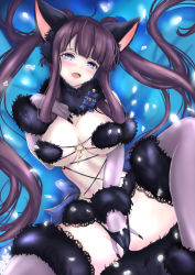 Rule 34 | 1girl, animal ears, bad id, bad pixiv id, bare shoulders, between legs, black panties, blue bow, blue eyes, blunt bangs, blush, bow, breasts, cleavage, cosplay, double bun, elbow gloves, fate/grand order, fate (series), female masturbation, fur-trimmed gloves, fur-trimmed legwear, fur collar, fur trim, gloves, grey gloves, grey thighhighs, hair bun, halloween costume, hand between legs, hand on own chest, lace, lace-trimmed legwear, lace trim, large breasts, long hair, looking at viewer, lying, mash kyrielight, mash kyrielight (dangerous beast), mash kyrielight (dangerous beast) (cosplay), masturbation, o-ring, official alternate costume, on back, open mouth, panties, purple hair, revealing clothes, shirousa (shirousapy), sidelocks, smile, solo, spread legs, tail, thighhighs, twintails, underwear, very long hair, wolf ears, wolf girl, wolf tail, yang guifei (fate)