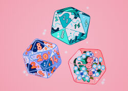 Rule 34 | absurdres, cloud, cube, dice, flower, highres, icosahedron, meyoco, no humans, original, pink background, pink flower, simple background, sparkle, wave print, waves, white flower